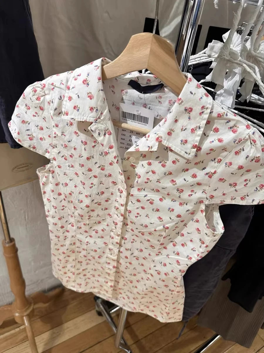 Red Floral Slim T-shirt Blouse Woman New Casual Turn-Down Collar Single Breasted Short Sleeve Tees Vintage Sweet Cute Tshirt Top