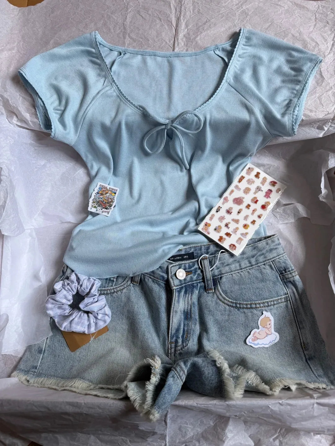 Blue Eyelet Lace Trim Crop Top Women All-match Cotton Lace-up O-neck Short Sleeve Tshirts Sweet Cute Simple Cropped Tee Tops