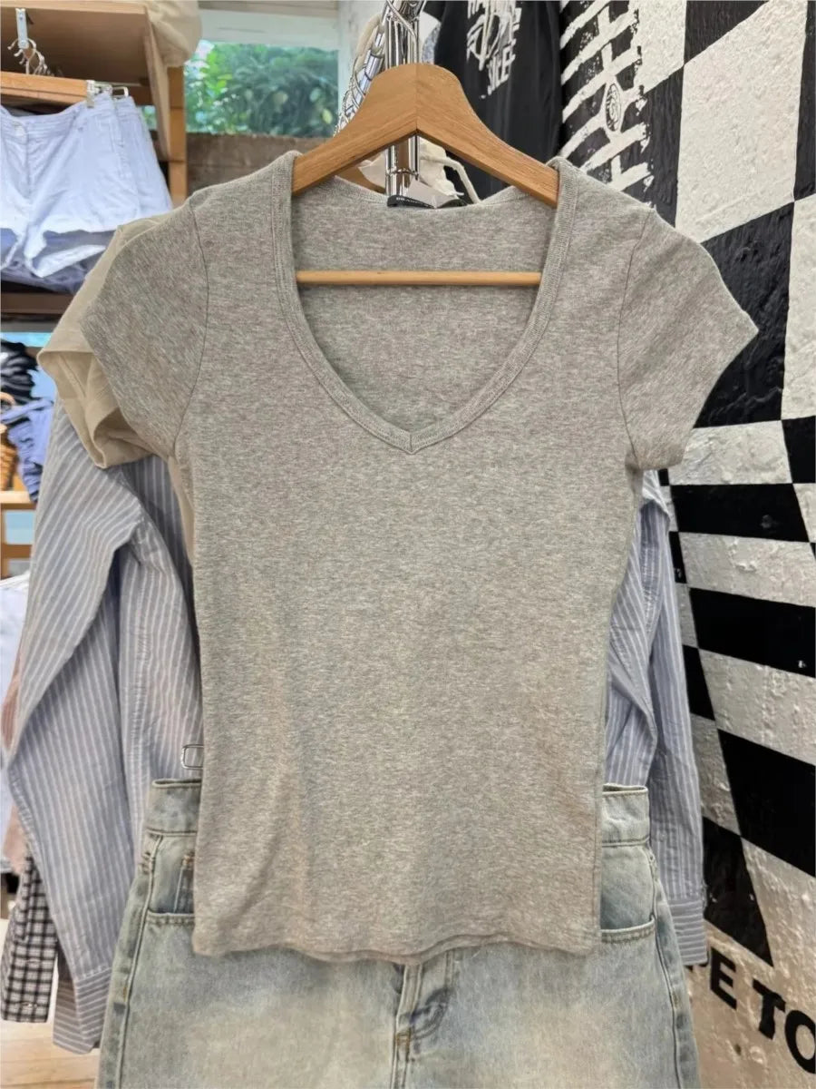 Sweet Gray Lace Trim V-neck Short Sleeve Tee Women New Cotton Casual Simple Slim Tops Clothes Vintage Basic Preppy Style T-shirt