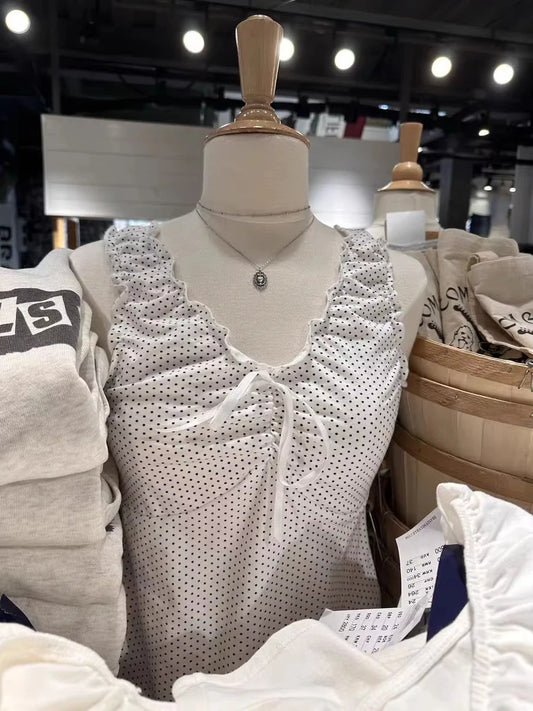 Sweet Polka Dot White Tank Top Woman Summer Folds Bow V-neck Cotton Slim Camisole Cute Vintage All-match Crop Top Y2K Vest New