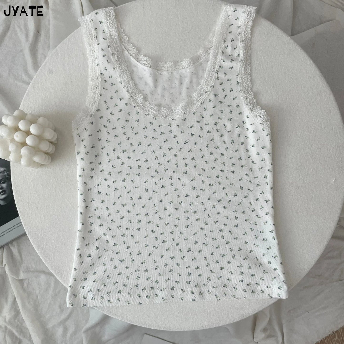Floral Print Lace Trim Tank Tops Women Summer Cotton Casual Simple U-neck Sleeveless Slim Vests Vintage Sweet Cute Crop Top Y2K
