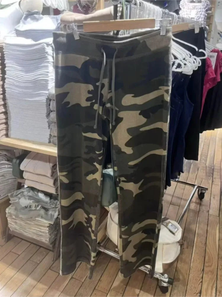 Camouflage Drawstring Joggers Sweatpants Women Streetwear Casual High Waist Wide Leg Pants Vintage Preppy Style Loose Trousers