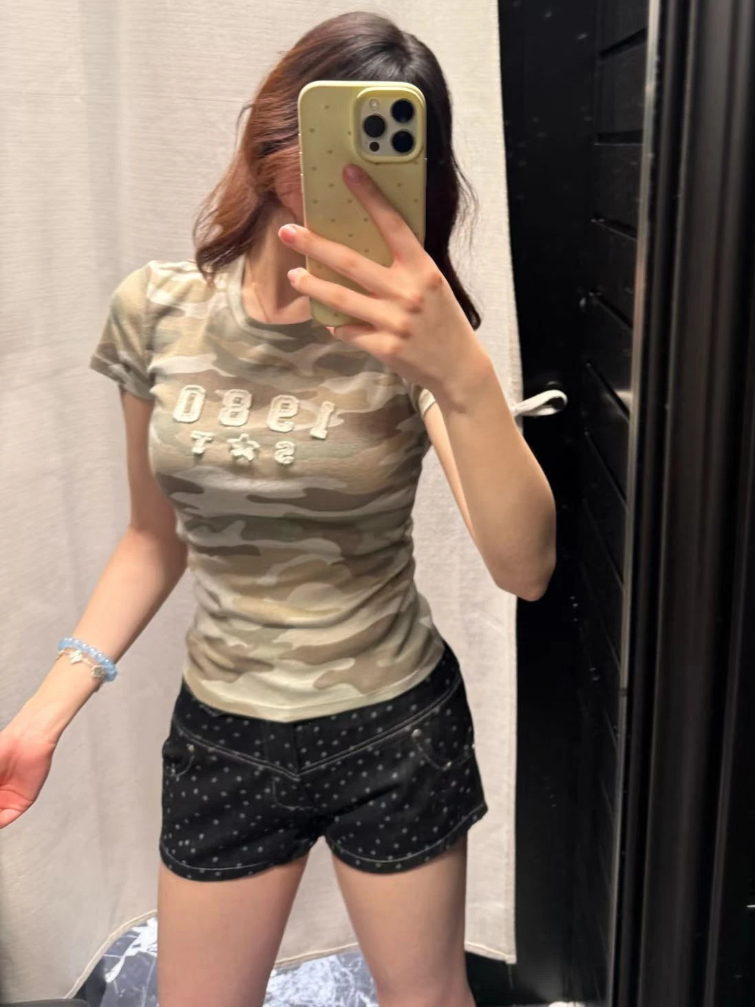 Camouflage Letter Appliques T-shirts Woman Simple O-neck Cotton Short Sleeve Tee Shirts Vintage Streetwear Slim Tshirts Y2k Tops