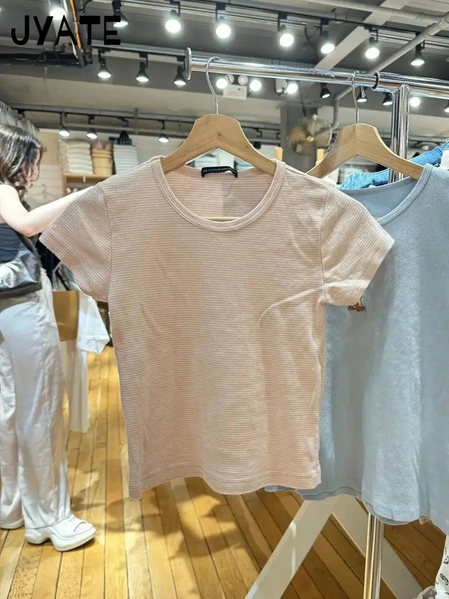 Cute Pink Striped Two Piece Set Women Cotton Slim O-neck T-Shirt With Straight Short Pant Sweet Pajama Tees Shorts 2 Pieces Sets