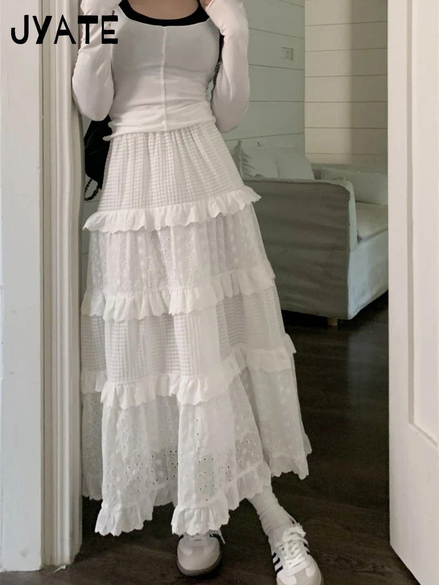 Sweet Floral Embroidery Ruffle Long Skirts Women New Casual Elastic High Waist A-line Falda Vintage Chic Preppy Style Maxi Skirt