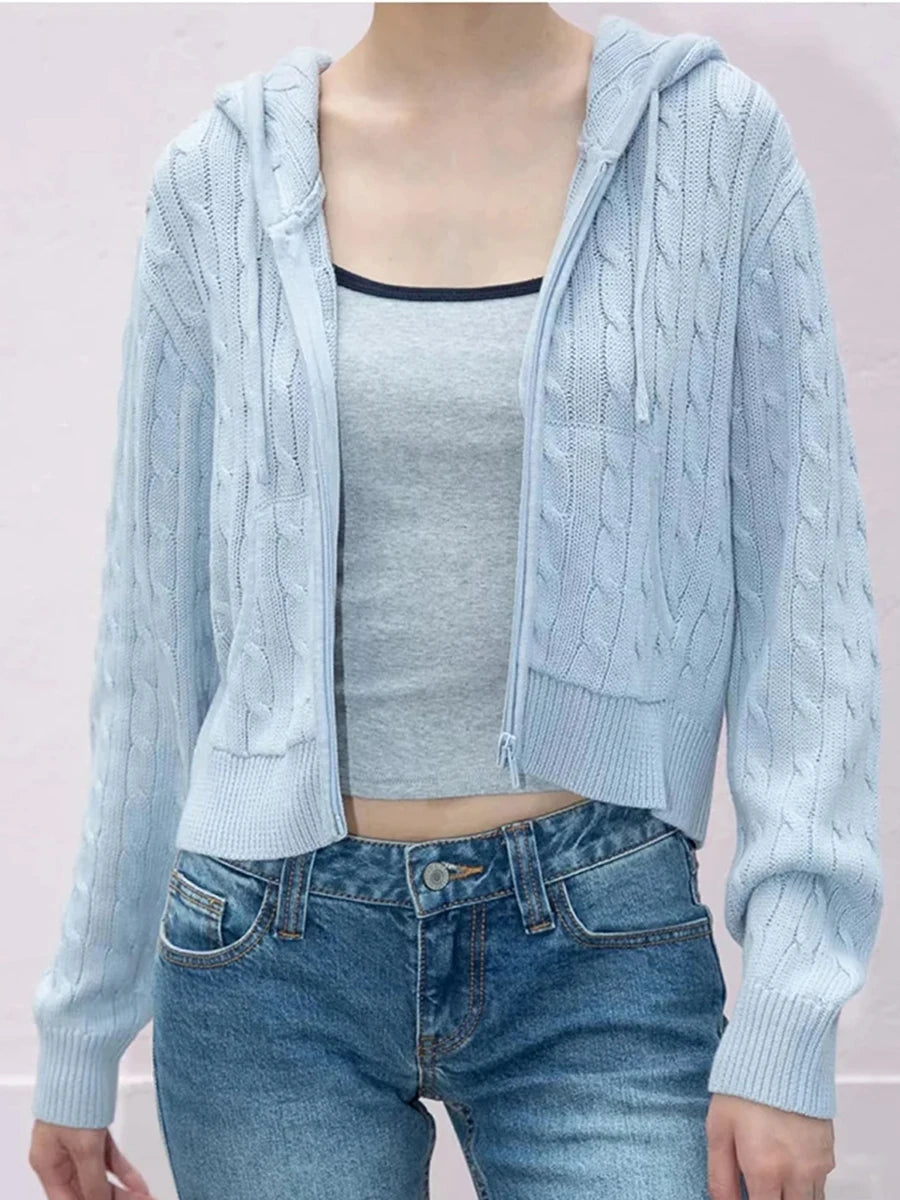 Simple Solid Twisted Flower Knit Cardigan Sweater Women Autumn Long Sleeve Pocket Hooded Zipper Coat Sweet Preppy Style Knitwear