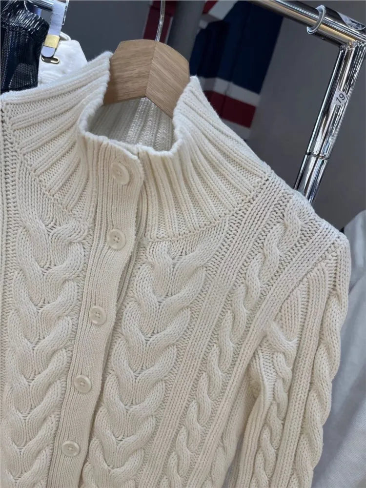 Twisted Flower White Sweater Cardigan Spring Stand Collar Single Breasted Long Sleeve Sweaters Casual Preppy Style Woman's Coat
