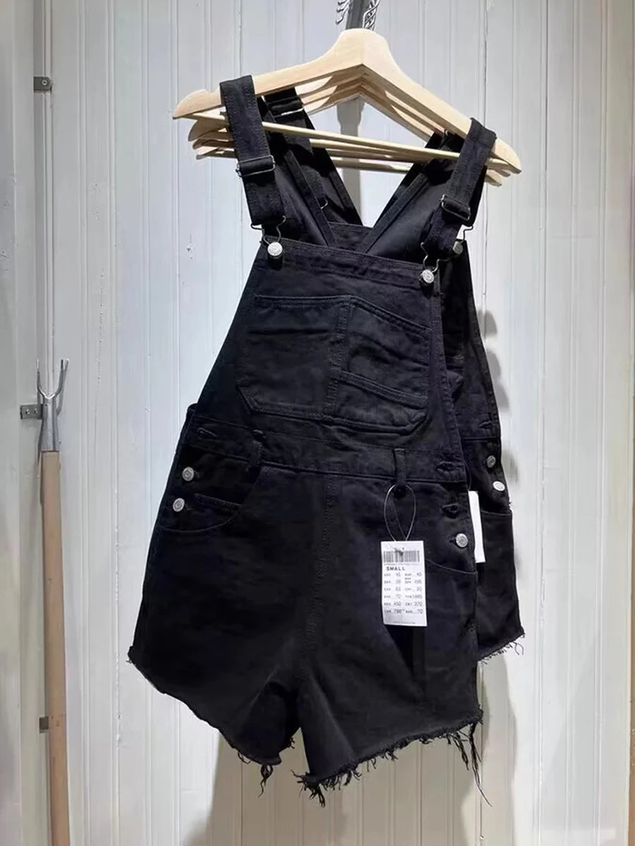 Fashion Y2K Raw Hem Denim Overalls Women Summer Casual High Waist Pockets Straight Short Pants Streetwear Vintage Shorts Sweet
