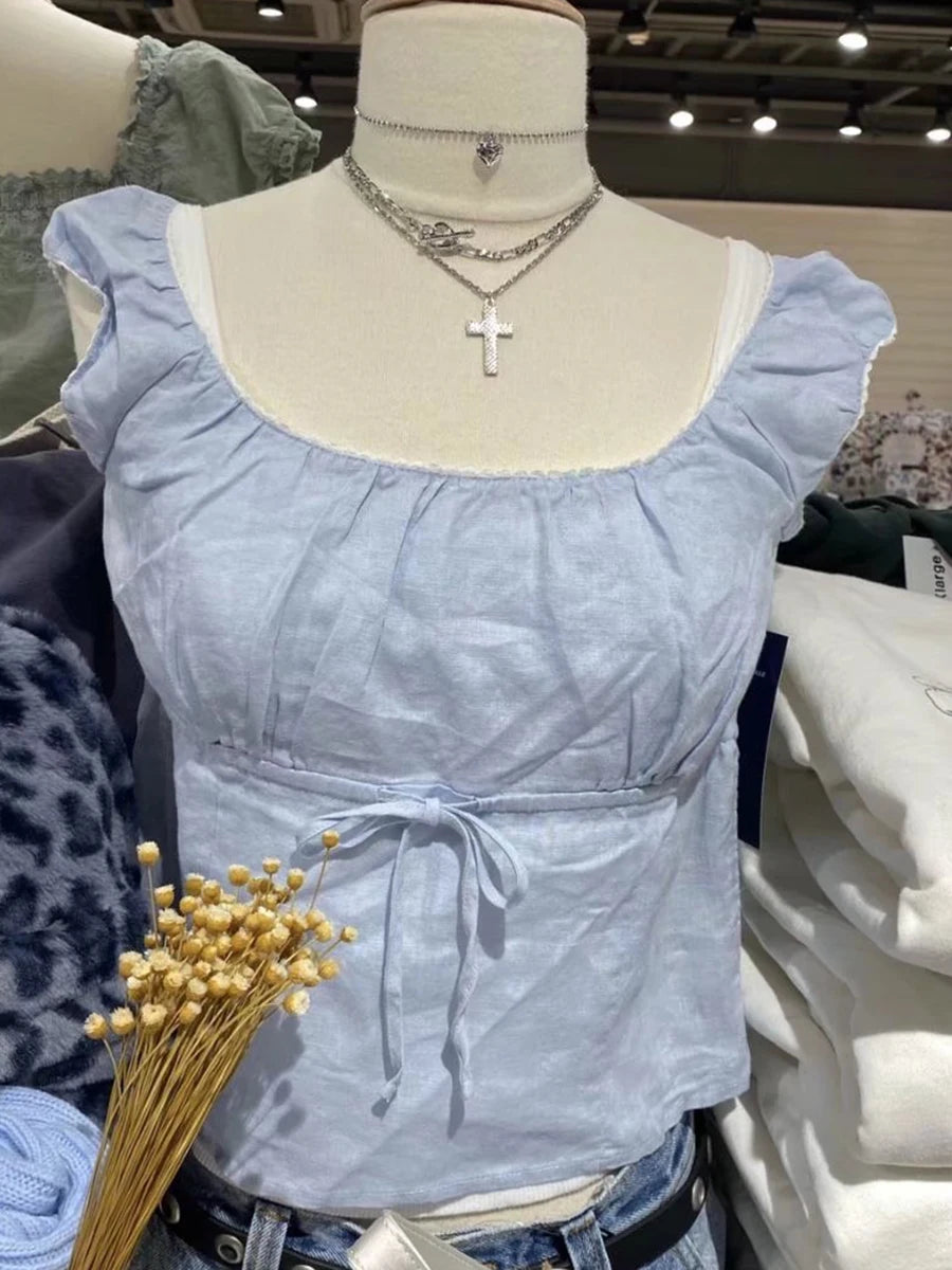 Sweet Blue Lace Slim T-shirts Women Summer Cotton Lace-up Casual Simple Elegant Short Sleeve Tee Fashion Vintage Cute  Crop Tops
