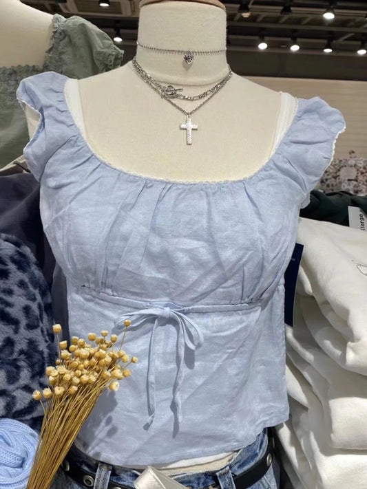Sweet Blue Lace Slim T-shirts Women Summer Cotton Lace-up Casual Simple Elegant Short Sleeve Tee Fashion Vintage Cute  Crop Tops