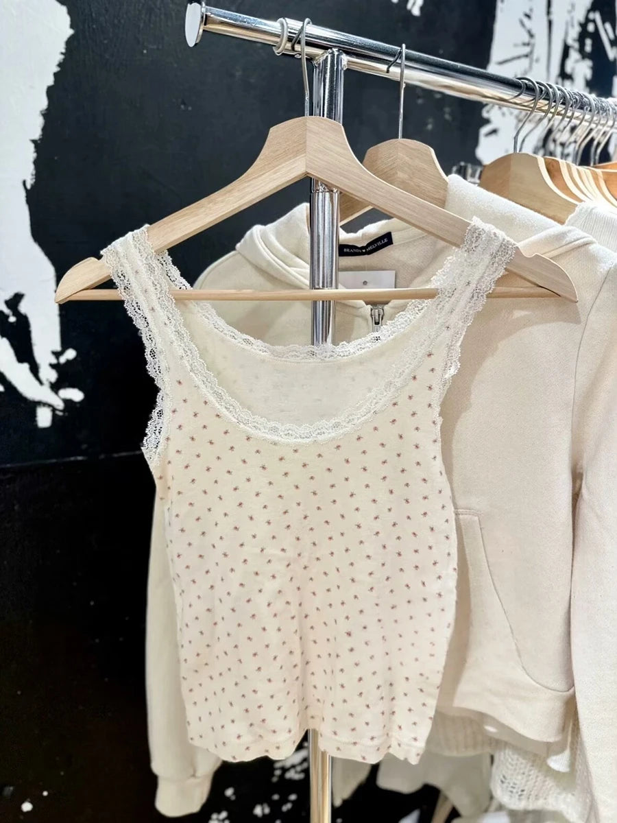 Fashion Floral Print Lace Trim Tank Tops Ladies Summer Cotton Soft Casual Sleeveless Vests Female Sweet Cute Chic Camisole Y2K