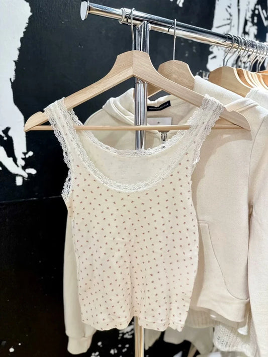Fashion Floral Print Lace Trim Tank Tops Ladies Summer Cotton Soft Casual Sleeveless Vests Female Sweet Cute Chic Camisole Y2K