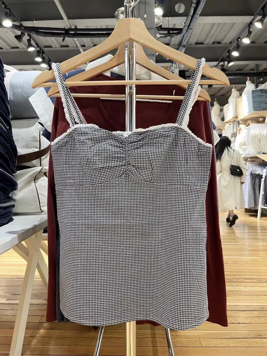 Pink Plaid Lace Trim Slim Tank Tops Woman Summer Cute Bow Folds Strapless Camisole Female Casual Vintage Sweet Vest Y2K Top New