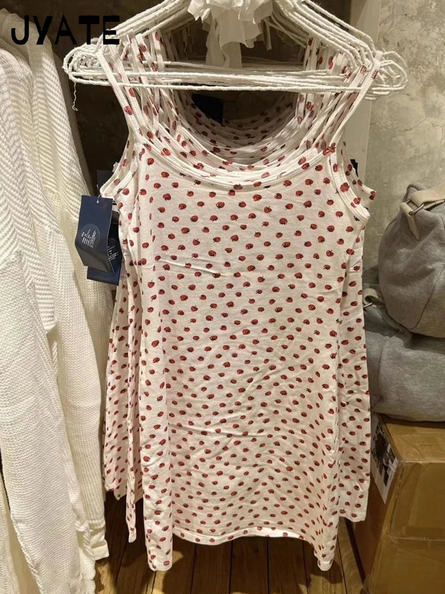 Sweet Strawberry Print Slim Mini Dress Women Summer New Street Preppy Style Cotton Sleeveless Vestidos Cute Chic Vintage Dresses
