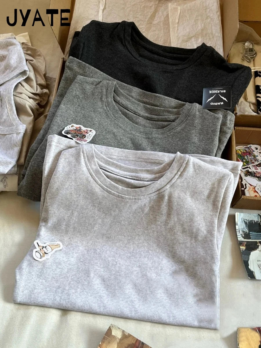 Basic Gray Cotton Soft T-shirts Women Summer New Casual Slim Simple O-neck Short Sleeve Tees Sweet Chic Preppy Style Tops Y2K