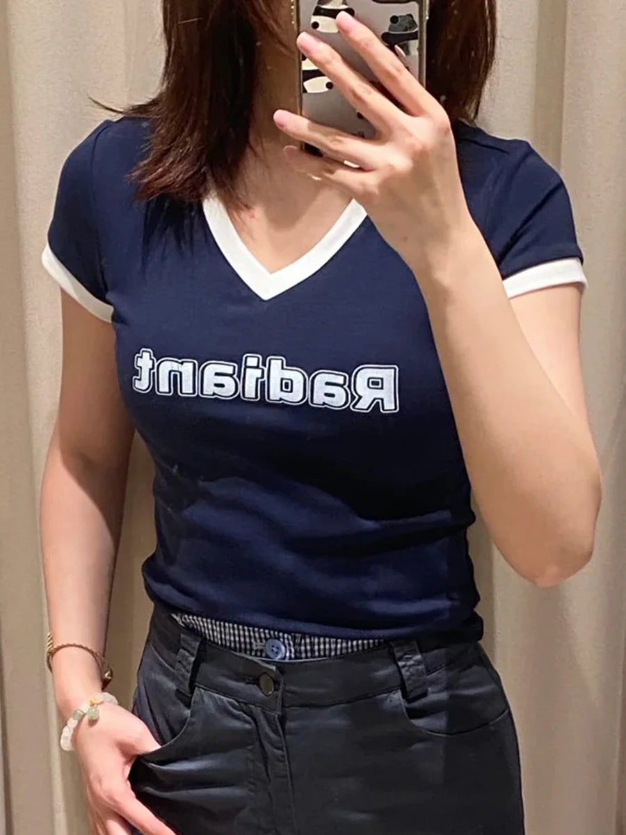 Fashion Letter Print T-shirts Women Cotton Simple All-match Casual Slim Short Sleeve Tees Preppy Style Streetwear Tshirt Y2K