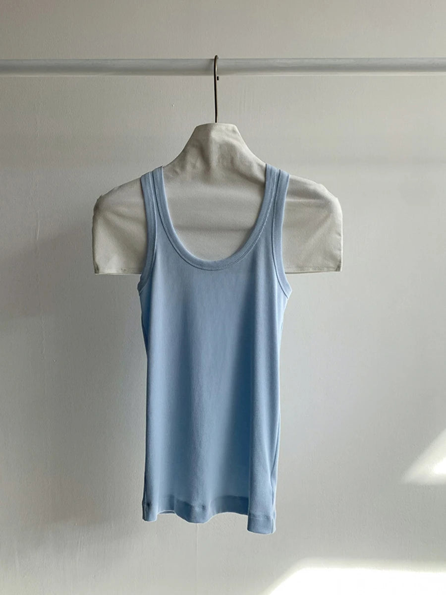 Solid U-neck Slim Sleeve Tank Tops Women Summer Casual Simple Ribbed Cotton Vests Girl Sweet Basic Y2K Preppy Style Camisole New