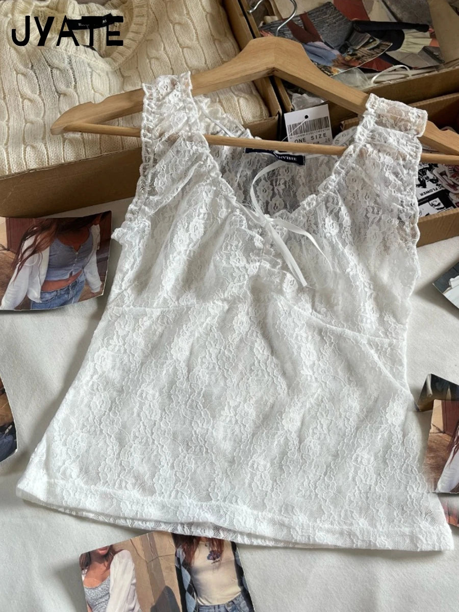 Cute Pink Fungus Trim Slim Tank Tops Women Summer Sleeveless Sexy Bow V-neck Cotton Crop Top Femme Simple Sweet Cute Vests Y2K
