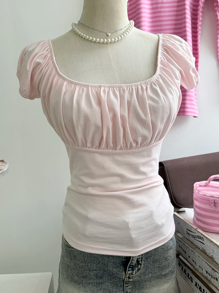 Mint Green Folds Slim T-shirts Women Summer Vintage Square Collar Cotton Puff Sleeve Tees Female Aesthetic Sweet Cute Y2K Tops