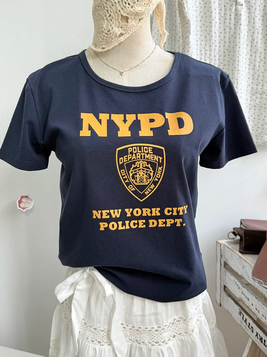 NYPD Print O-neck T-shirts Women Summer Casual Streetwear Cotton Slim Short Sleeve Tees Female Vintage Chic Preppy Style Tshirts