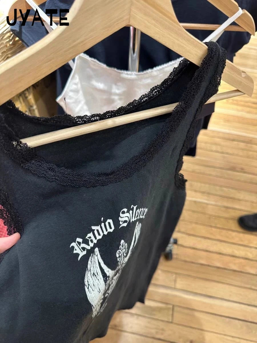 Cross Print Lace Trim Black Tank Tops Women Summer Casual Slim Streetwear Sleeveless Cropped Vests Harajuku Vintage Chic Camis