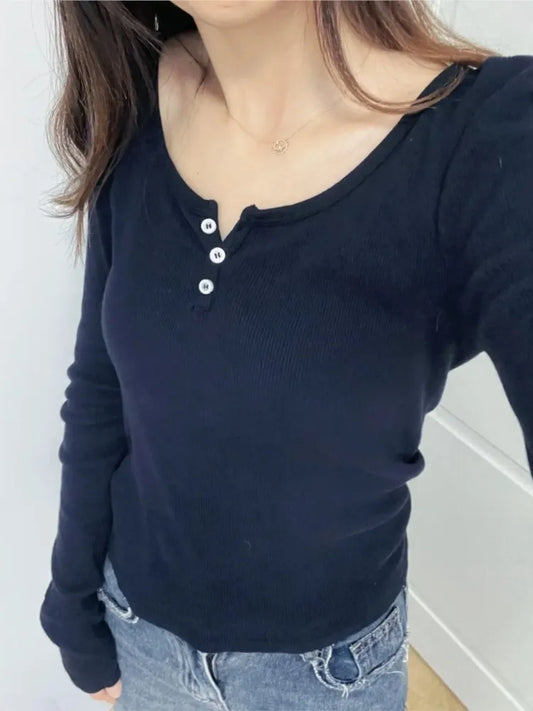 Navy Three Buttons Ribbed Long Sleeve T-shirts Women Soft O-Neck Tshirt Top Female Vintage Cute Preppy Style Y2k Streetwear Tees