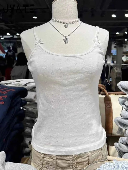 Sweet White Bow Sleeveless Vest Women Summer Cotton Slim Sexy Simple Heart Hollow Out Tank Tops Sweet Vintage Cute Camisole Y2K