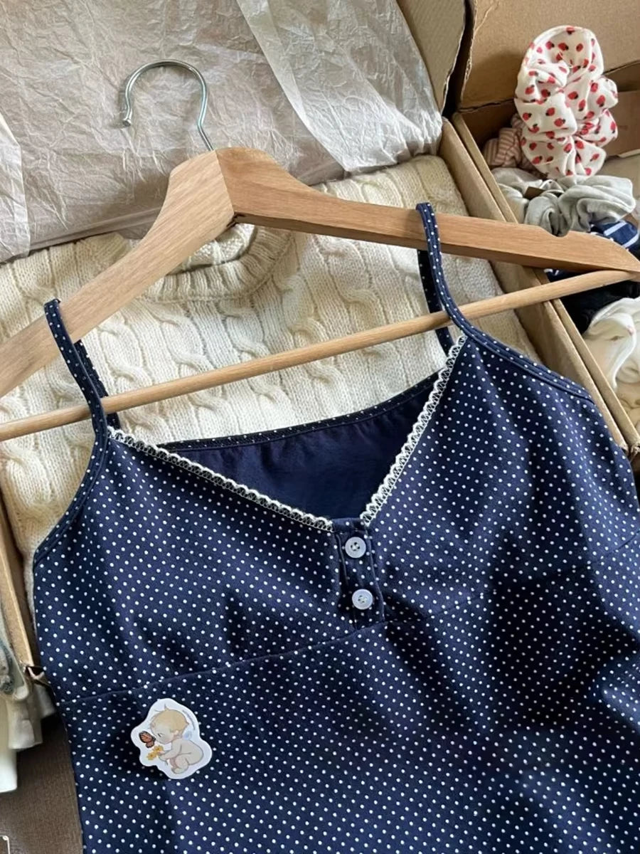 Navy Polka Dot Slim Crop Top Women Lace Trim Two Buttons Cotton Cropped Camisole Female Sweet Cute Preppy Style Tank Tops OOTDS