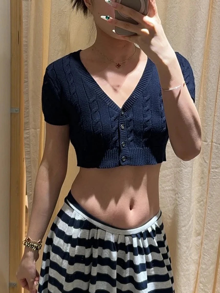 Twist Flower Cropped Cardigan Woman V-neck Single Breasted Short Sleeve Knitted Crop Tops Autumn Sweet Cotton Knitwear y2k