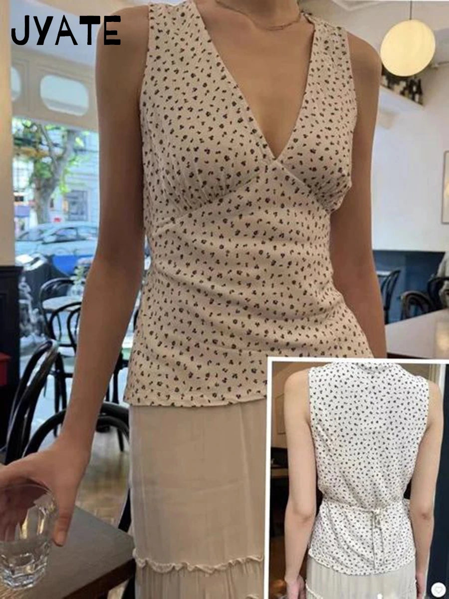 Sexy Floral Print V-neck Back Lace-up Tank Tops Women New Casual Slim Sweet Sleeveless Vests Preppy Style Vintage Crop Top Y2K