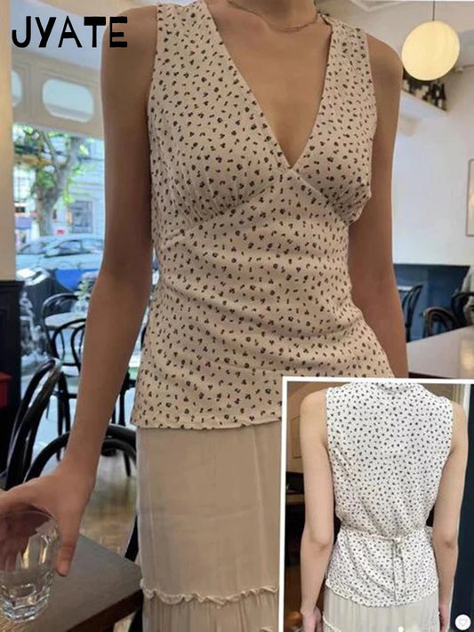 Sexy Floral Print V-neck Back Lace-up Tank Tops Women New Casual Slim Sweet Sleeveless Vests Preppy Style Vintage Crop Top Y2K