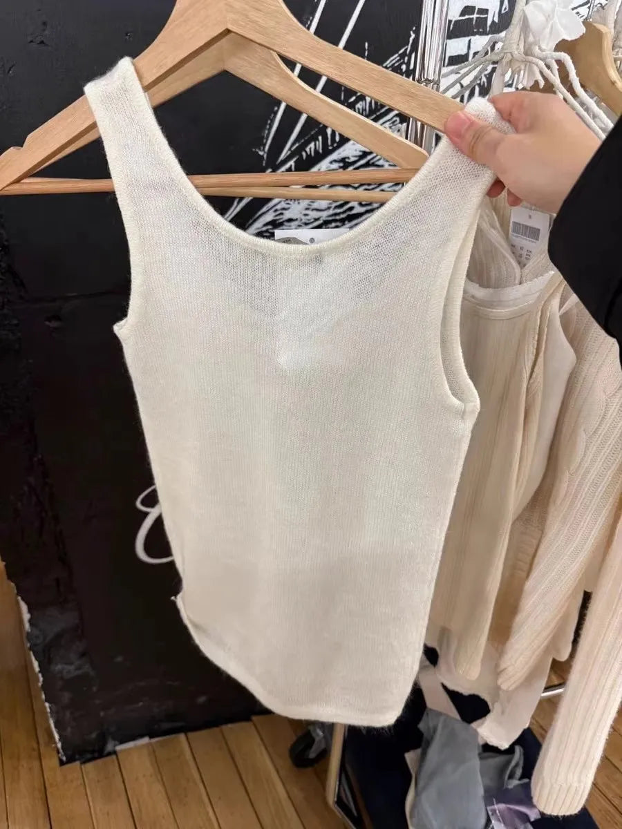 Beige Knitted Thin Smock Tank Top Women Summer Sweet Sleeveless Slim Female Casual Vest Preppy Style Simple Basic Crop Tops New