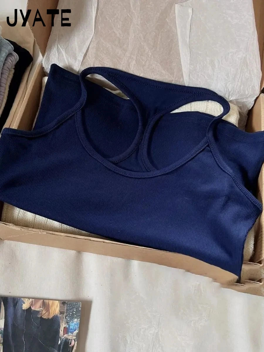 Harajuku Navy Blue Ribbed U-neck Tank Tops Women New Cotton Basic Backless Sleeveless Vests Simple Vintage American Crop Top Y2K