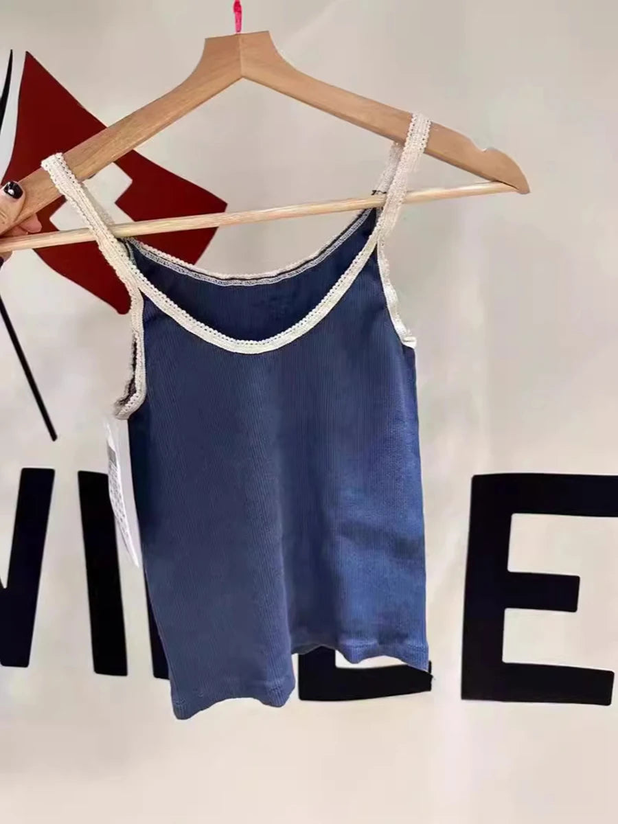 New Flower&Heart Embroidery Navy Tank Top Woman Summer Lace Trim U Collar Cotton Slim Camisole Female Vintage Sweet Camisole Y2K