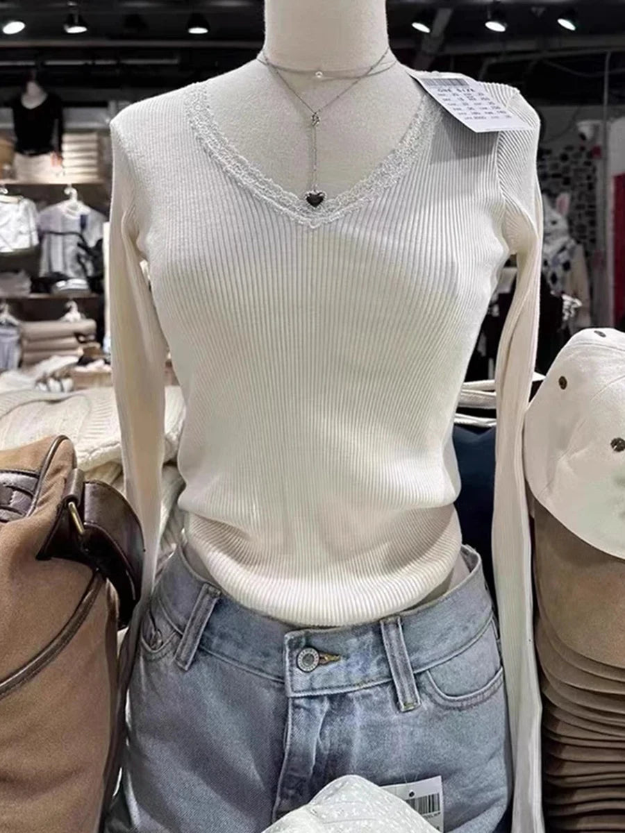 Sweet Lace Trim Ribbed Long Sleeve Tees Women New Cotton Slim Solid V-neck Tops Clothes Female Vintage Cute Chic T-shirts Y2K