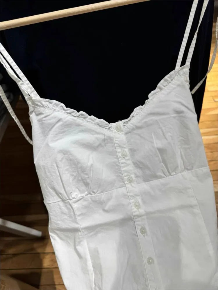 White Simple Lace Trim Lace-up Tank Tops Women Summer New Single Breasted V-neck Slim Camisole Female Sweet Cotton Vest Y2k Tops