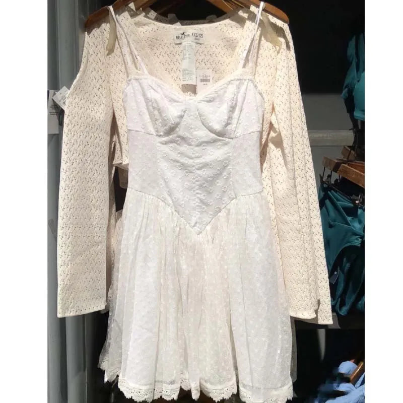 White Lace Trim Bow Mini Dress Women Summer Streetwear Button Sleeveless A-line Short Vestidos Vintage Sweet Elegant Dresses New