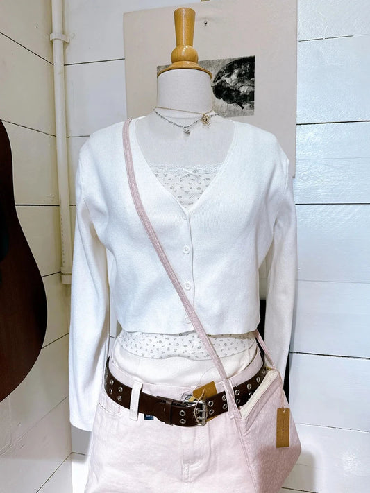 Sweet White Knit Cropped Long Sleeve T-shirt Women V-Neck Single Breasted Cotton Short Cardigan Casual Street Chic Crop Top Y2K