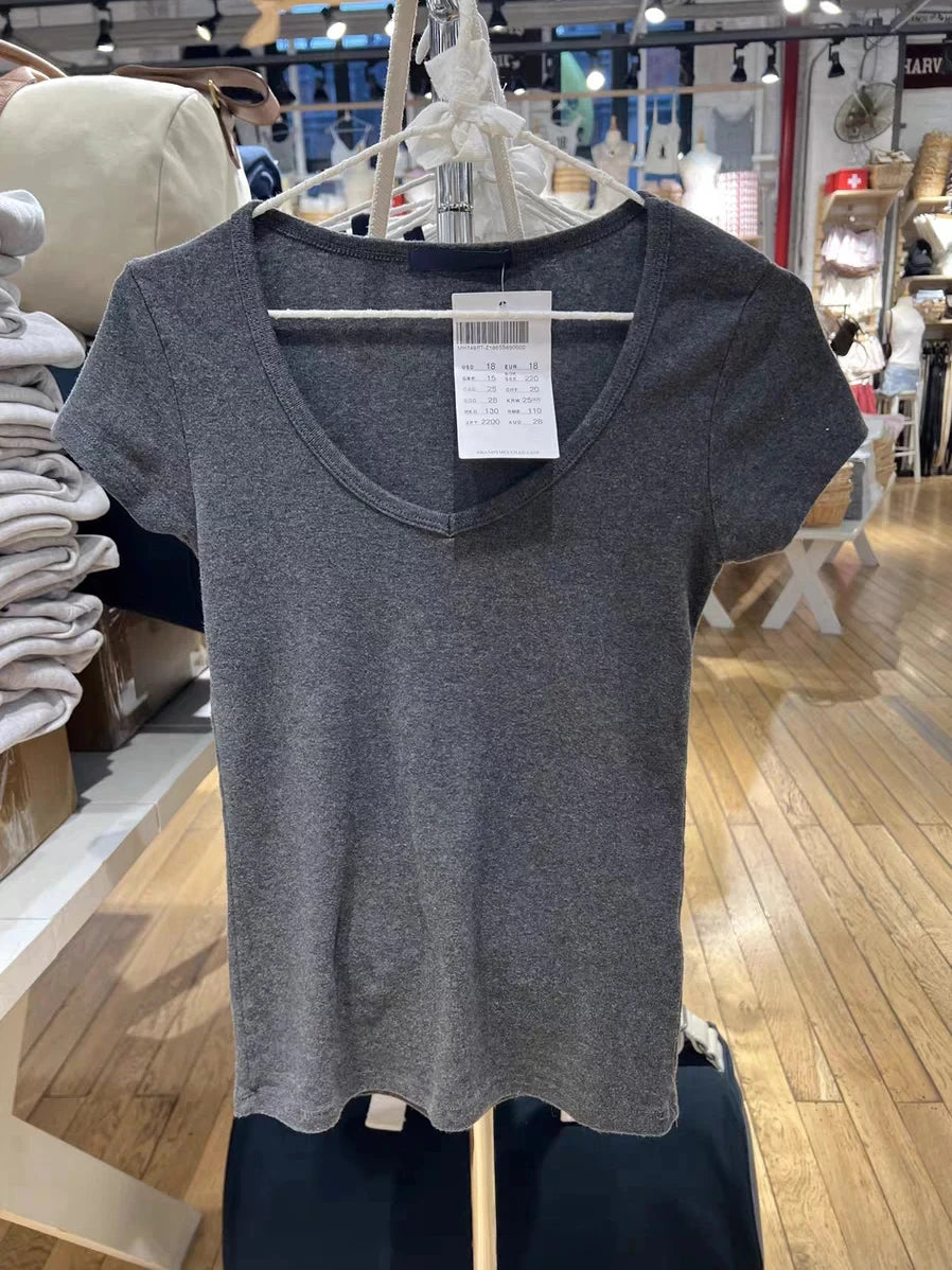 Simple Basic White V-neck T-shirts Women Summer Cotton Soft Casual Preppy Style Short Sleeve Tees Sweet Chic Y2K T Shirt Clothes