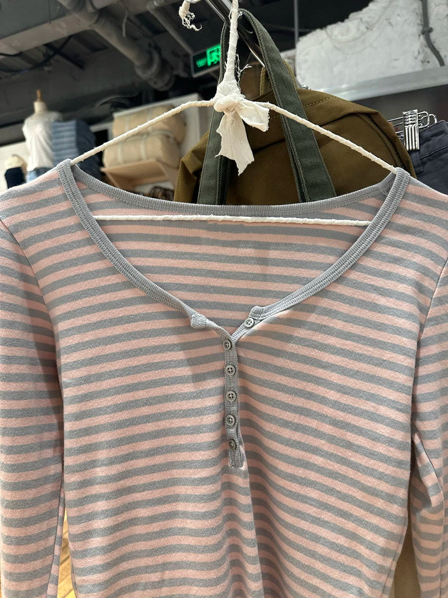 Sweet Pink Gray Striped Long Sleeve Tees Women Autumn Cute Cotton Buttons Slim T Shirt Tops Shoujo Clothes Simple Basic T-shirts