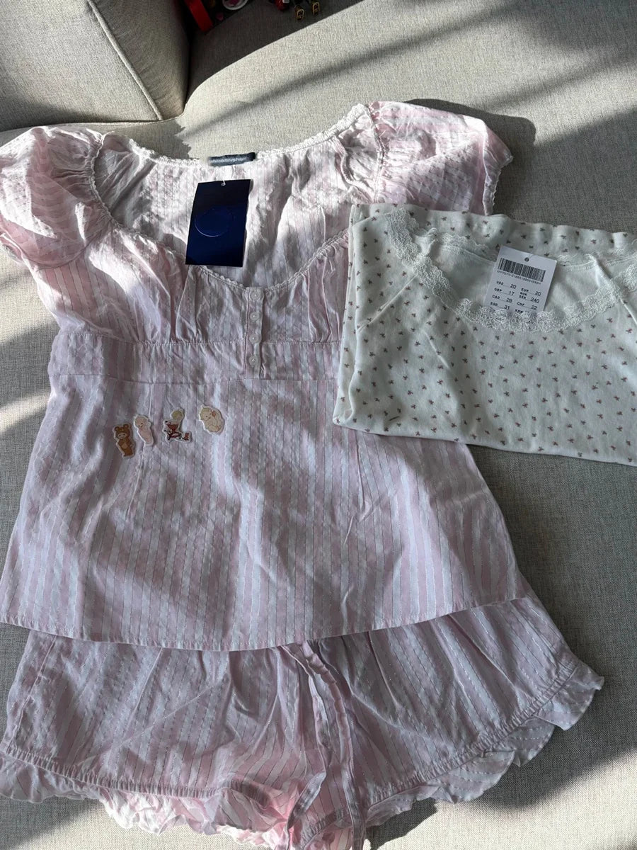 Pink Tshirt Pant Sets Women Summer Casual Lace Trim T-shirts+Fungus Short Pants Sweet Cute 2 Piece Outfits Clothes