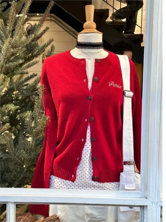 New Red Christmas Knitted Cardigan Women Autumn Casual Letter Embroidered Long Sleeve Sweater Sweet Cute Vintage Knitwear Tops