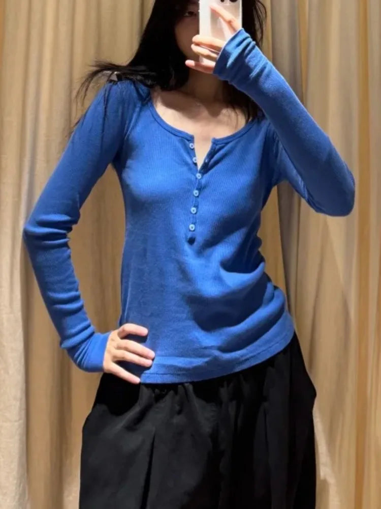 Electric Blue Patchwork Long Sleeve Tee Women Autumn Simple Basic Buttons O-neck Cotton Ribbed Tshirt Sweet Cute Casual T-shirts
