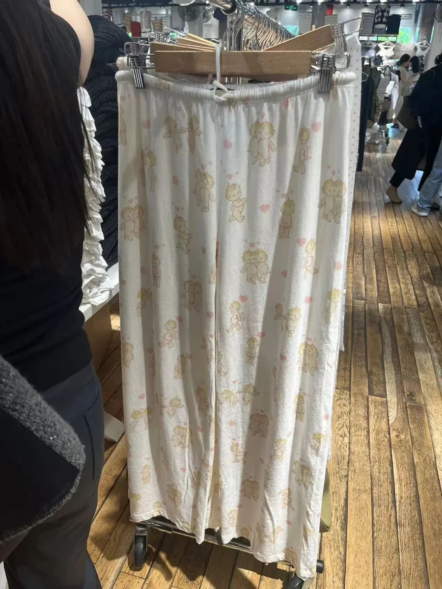 Little Yellow Duck Print Long Pants Women New Cotton Casual Elastic High Waist Straight Trouser Sweet Chic Cute Home Pant Y2K