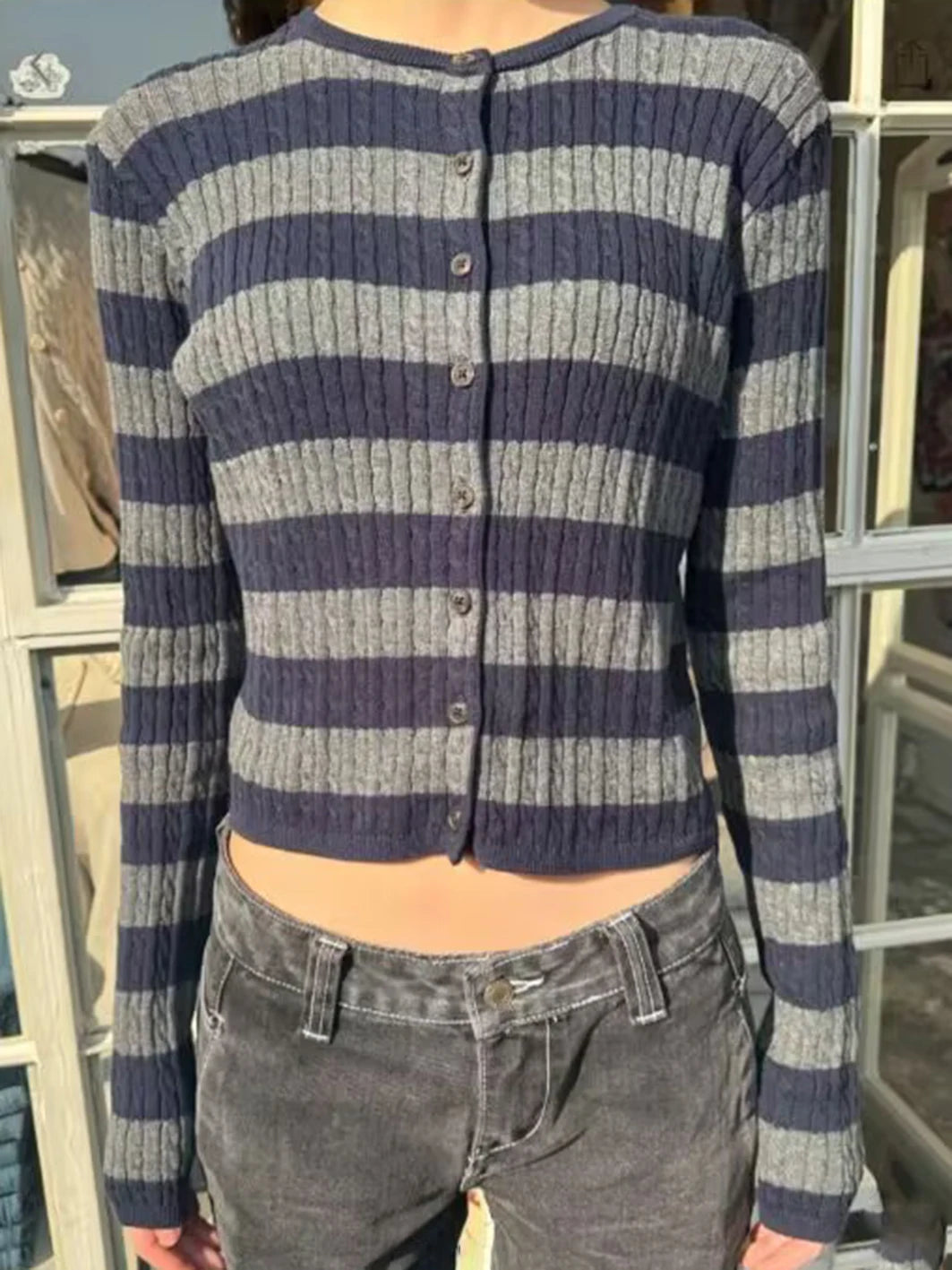 Stripes Twisted Flower Slim Cardigans Women O-neck Cotton Single-Breasted Autumn Sweater Casual Streetwear Vintage Knitwear Y2k