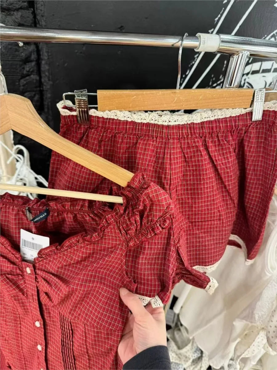 Red Plaid Ruffle Tank Shorts Sets Women V-neck Fold Slim Camisole+Loose Sweatshorts Cute Sweet Vintage Home 2 Piece Outfits New