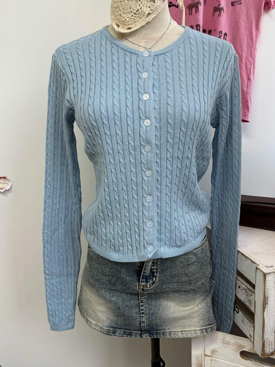 Brown Twsit Cardigan Women Spring Simple Casual Cotton Slim Button Long Sleeve Sweater Vintage Chic Preppy Style Sweaters Y2K