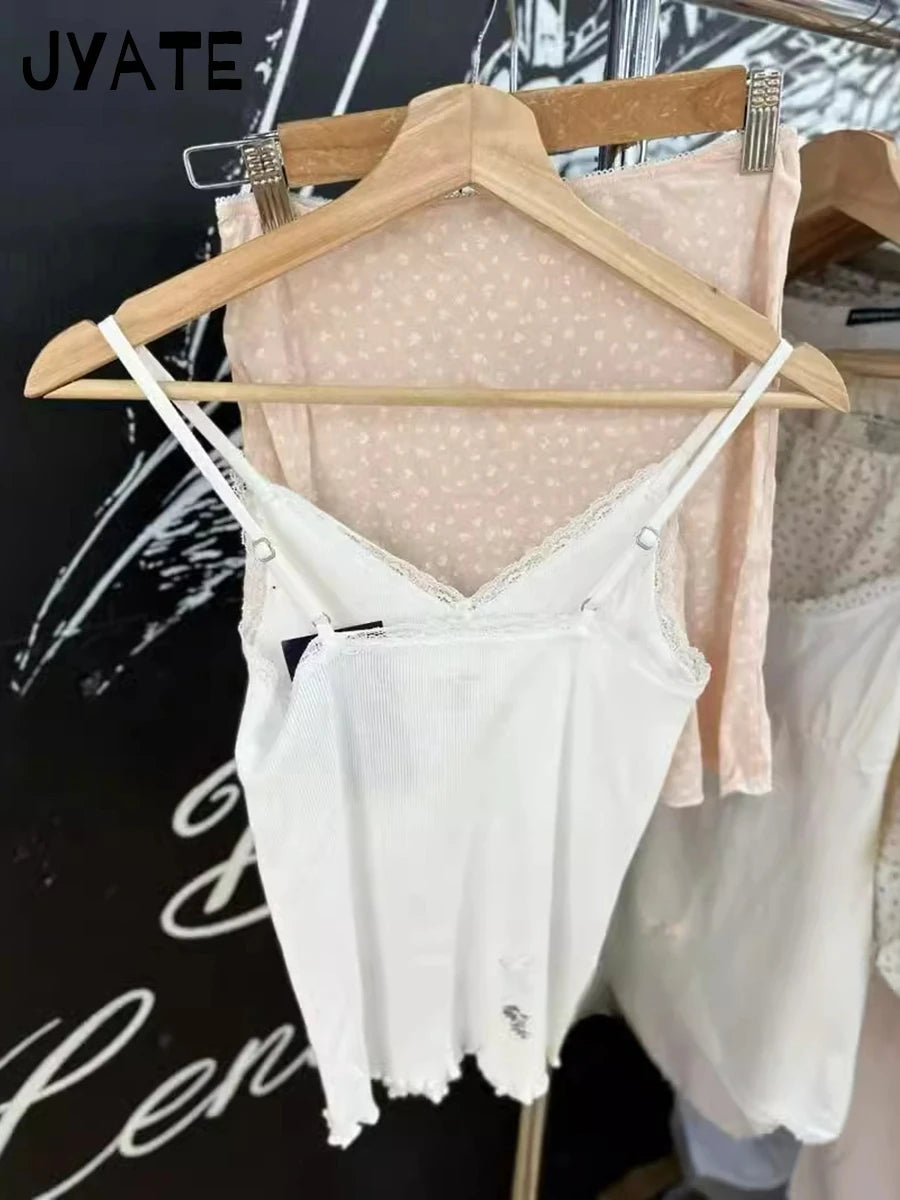 Lace Trim V-neck Ribbed Tank Tops Women New Cotton Casual Fungus Hem Slim Sleeveless Vests Cute Sweet Preppy Style Camisole Y2K