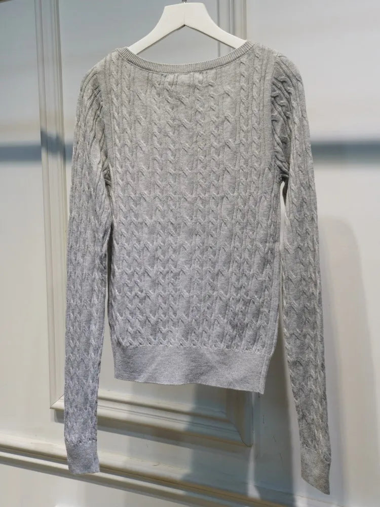 Gray Twisted Flower Slim Cardigans Women Streetwear New Solid O-neck Single-Breasted Autumn Sweater Cute Casual Sweet Knitwear
