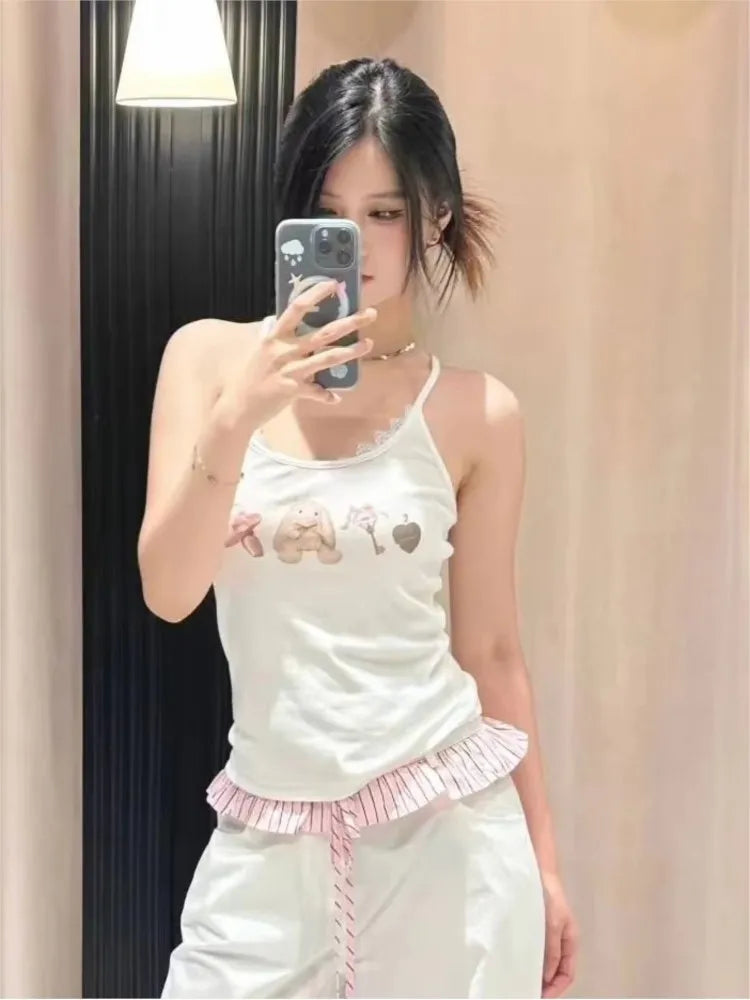 Cute Graphic Print Ribbed Slim Camisole Woman Summer Lace Trim U Collar Cotton Tank Tops Female Sweet Fairycore Crop Top OOTDS